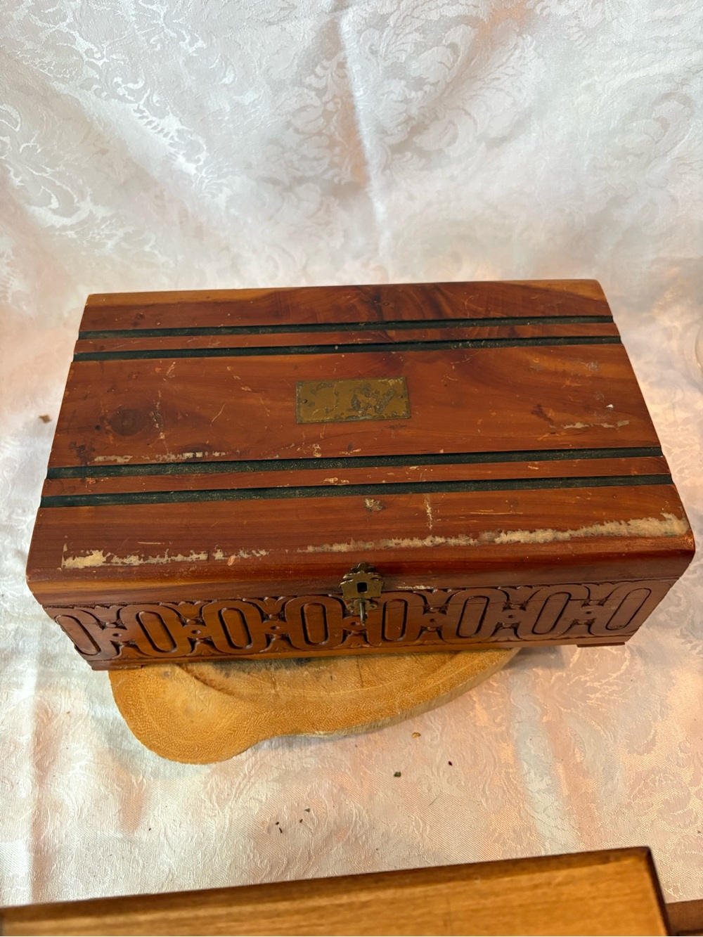 Carved Wooden Jewelry Box with Dark Stripe Accent
